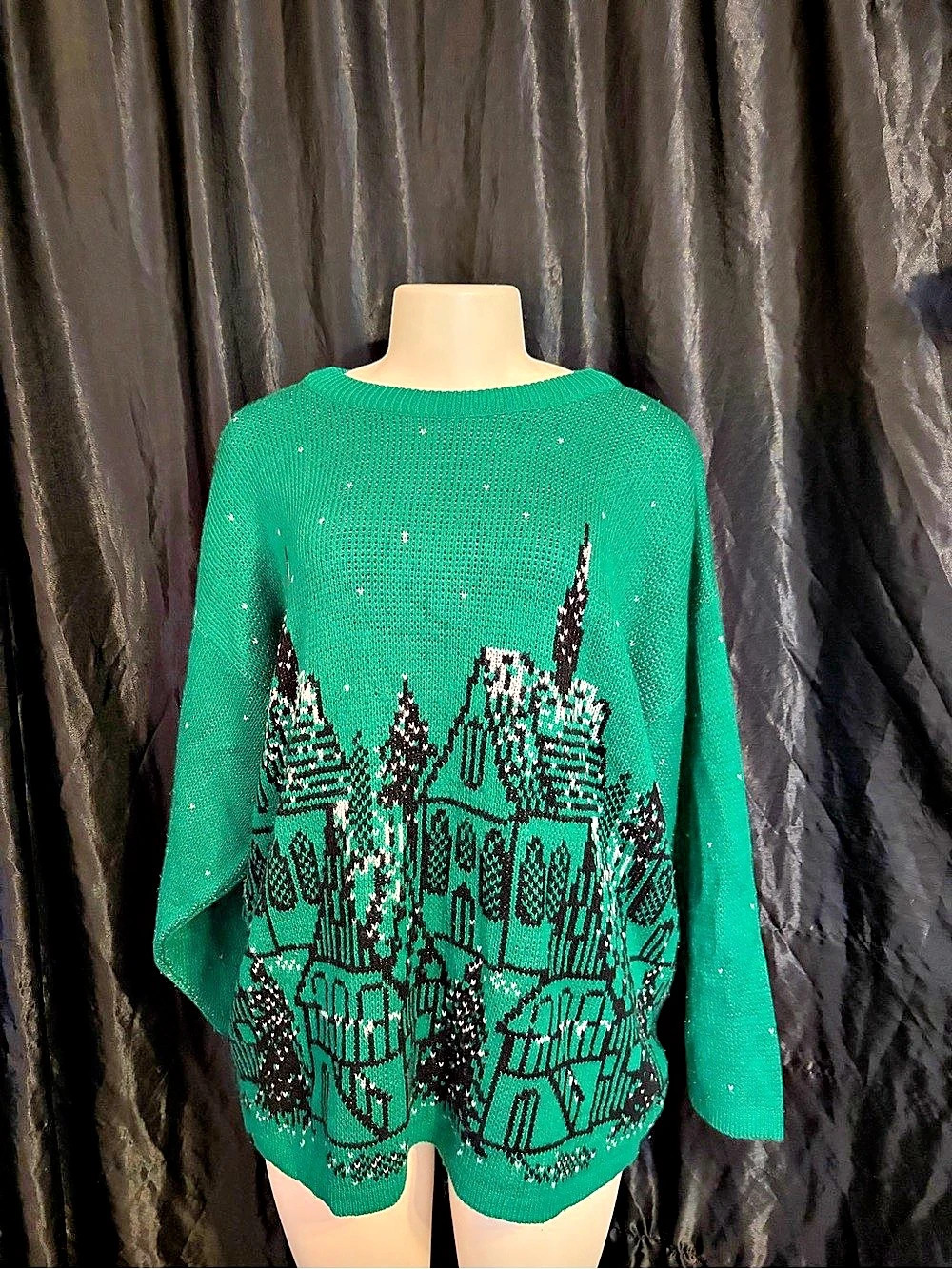 Precious Knits Vintage Green Christmas Village Scene Sweater